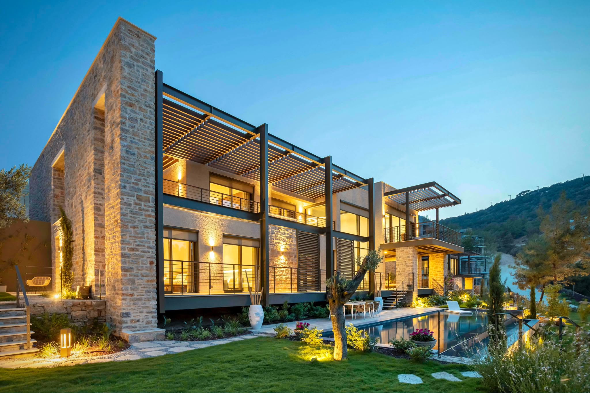 Contemporary luxury villa at dusk